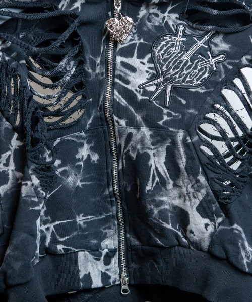 BACKSTAGE PASS(バックステージパス)の「DESTROY HOODIE-VEIN-S(デストロイフーディー ヴェイン-エス) スケルトンダメージ ジップアップ クラッシュパーカー(パーカー・メンズ・ダークグレー/ブラック/ブラックミックス・FREE)」の18枚目の写真