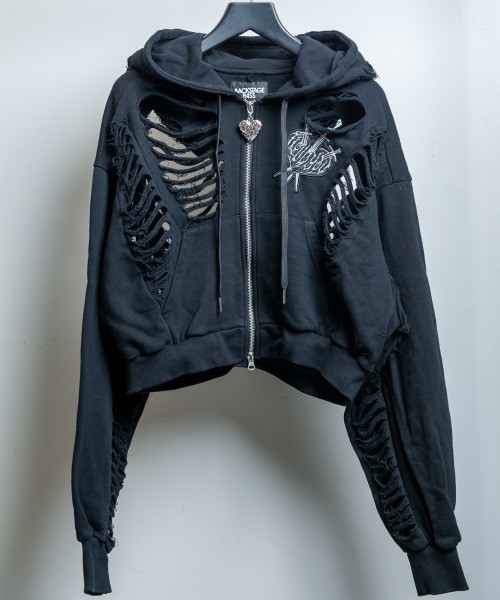 BACKSTAGE PASS(バックステージパス)の「DESTROY HOODIE-VEIN-S(デストロイフーディー ヴェイン-エス) スケルトンダメージ ジップアップ クラッシュパーカー(パーカー・メンズ・ダークグレー/ブラック/ブラックミックス・FREE)」の5枚目の写真