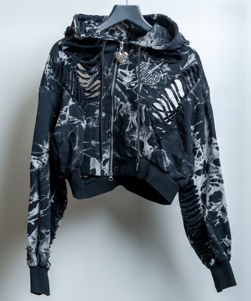 BACKSTAGE PASS(バックステージパス)の「DESTROY HOODIE-VEIN-S(デストロイフーディー ヴェイン-エス) スケルトンダメージ ジップアップ クラッシュパーカー(パーカー・メンズ・ダークグレー/ブラック/ブラックミックス・FREE)」の14枚目の写真