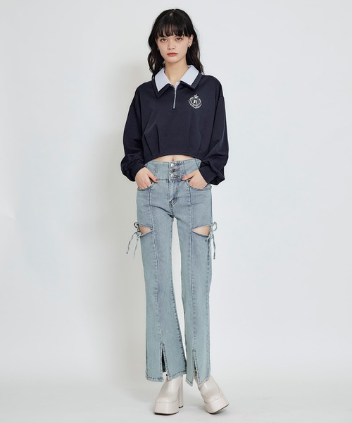 REDYAZEL（レディアゼル）の「カットアウトリボンストレッチデニム（デニムパンツ・レディース・ダークブルー/ライトグレー/ブルー・SMALL/MEDIUM）」の5枚目の写真