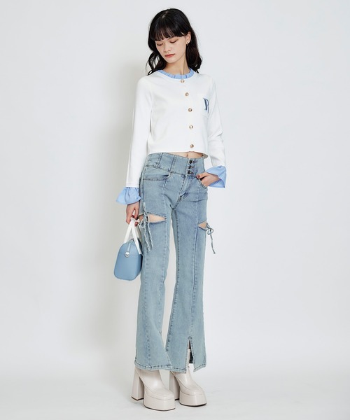 REDYAZEL（レディアゼル）の「カットアウトリボンストレッチデニム（デニムパンツ・レディース・ダークブルー/ライトグレー/ブルー・SMALL/MEDIUM）」の8枚目の写真