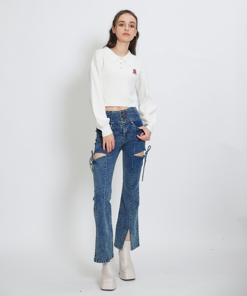 REDYAZEL（レディアゼル）の「カットアウトリボンストレッチデニム（デニムパンツ・レディース・ダークブルー/ライトグレー/ブルー・SMALL/MEDIUM）」の17枚目の写真