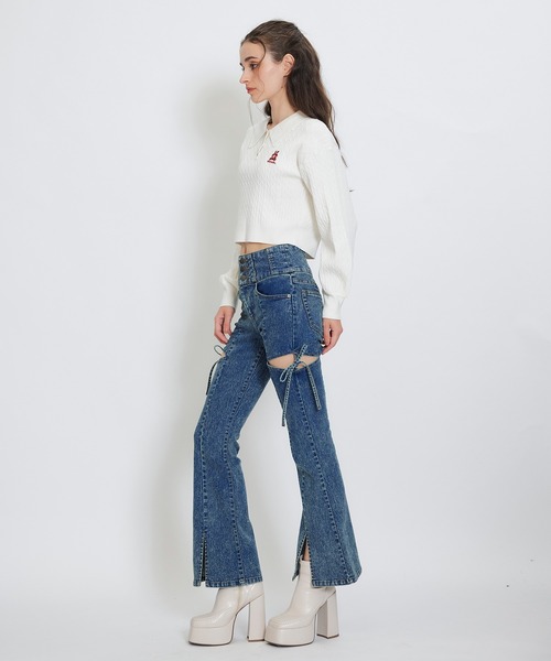 REDYAZEL（レディアゼル）の「カットアウトリボンストレッチデニム（デニムパンツ・レディース・ダークブルー/ライトグレー/ブルー・SMALL/MEDIUM）」の21枚目の写真