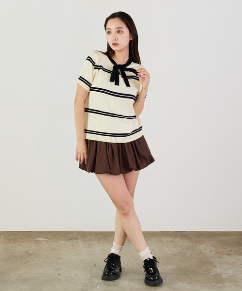 Siel(シエル)の「リボンネックボーダープルオーバーニット 冬服(ニット/セーター・レディース・ベージュ/グレー/ブルー/ブラック・FREE)」の12枚目の写真