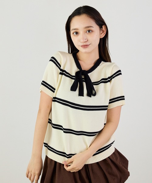 Siel(シエル)の「リボンネックボーダープルオーバーニット 冬服(ニット/セーター・レディース・ベージュ/グレー/ブルー/ブラック・FREE)」の14枚目の写真