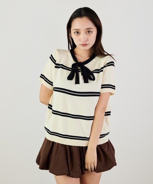 Siel(シエル)の「リボンネックボーダープルオーバーニット 冬服(ニット/セーター・レディース・ベージュ/グレー/ブルー/ブラック・FREE)」の16枚目の写真