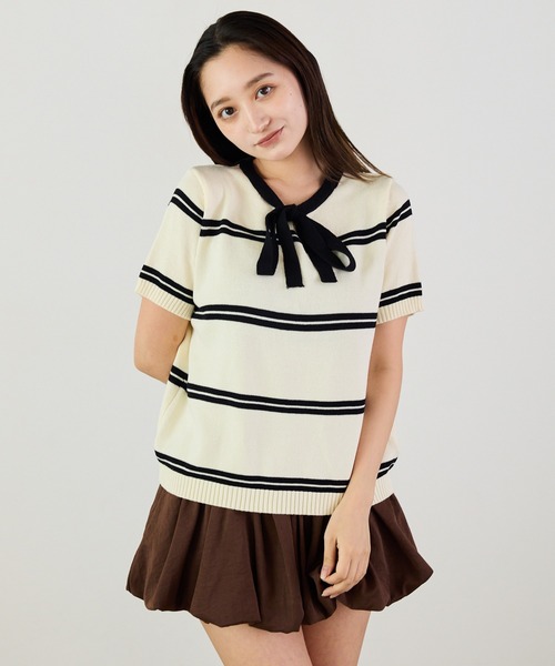 Siel(シエル)の「リボンネックボーダープルオーバーニット 冬服(ニット/セーター・レディース・ベージュ/グレー/ブルー/ブラック・FREE)」の17枚目の写真