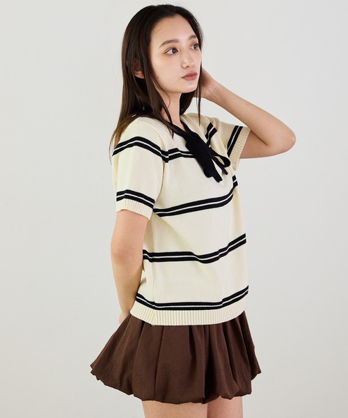 Siel(シエル)の「リボンネックボーダープルオーバーニット 冬服(ニット/セーター・レディース・ベージュ/グレー/ブルー/ブラック・FREE)」の20枚目の写真