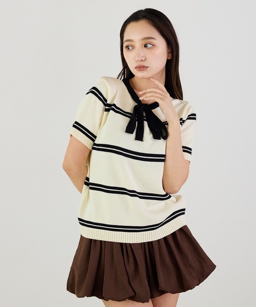 Siel(シエル)の「リボンネックボーダープルオーバーニット 冬服(ニット/セーター・レディース・ベージュ/グレー/ブルー/ブラック・FREE)」の21枚目の写真