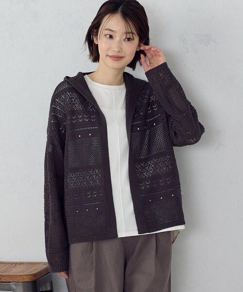ONIGIRI（オニギリ）の「透かし編み フーディーカーディガン（カーディガン/ボレロ・レディース・ダークブラウン/モカ/ベージュ・FREE）」の2枚目の写真
