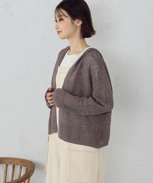 ONIGIRI（オニギリ）の「透かし編み フーディーカーディガン（カーディガン/ボレロ・レディース・ダークブラウン/モカ/ベージュ・FREE）」の7枚目の写真