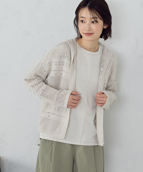 ONIGIRI（オニギリ）の「透かし編み フーディーカーディガン（カーディガン/ボレロ・レディース・ダークブラウン/モカ/ベージュ・FREE）」の13枚目の写真