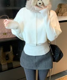 ファーカラー付き ジップアップ リブニットトップス(レイヤード風)