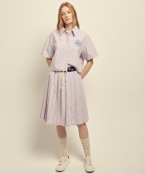 COTTON PLEATED MIDI SKIRT STRIPE / コットン プリーツ ミディアム