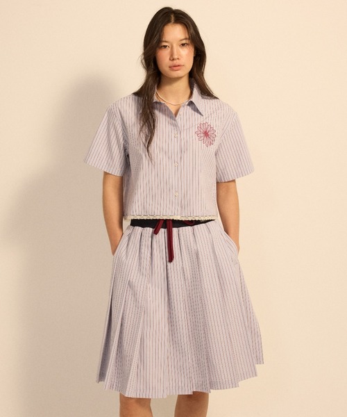 COTTON PLEATED MIDI SKIRT STRIPE / コットン プリーツ ミディアム