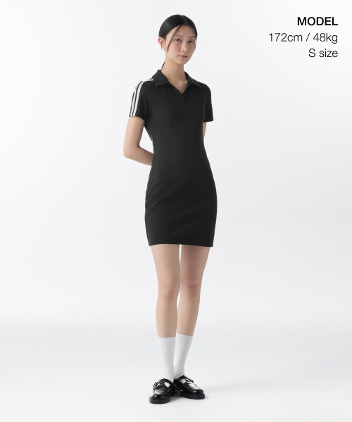 MUSINSA STANDARD WOMAN（ムシンサスタンダードウーマン）の「ウィメンズスリットネックレーストリムポロワンピース[ブラック/アイボリー]（ワンピース・レディース・その他・SMALL/MEDIUM/X-SMALL/LARGE）」の2枚目の写真