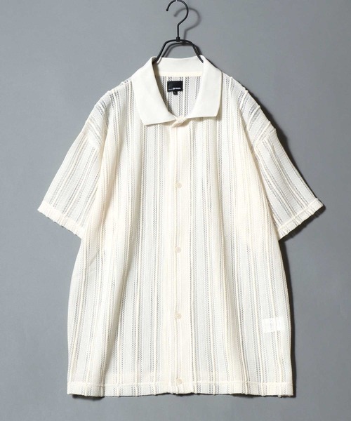 ANPAS(アンパス)の「Lace Shirt + Tank Top Layered Set / 【セットアイテム】半袖レースシャツ×ワッフルタンクトップ レイヤードアンサンブル メンズ トップス ニットシャツ メッシュトップス(アンサンブル・メンズ・アイボリー/グレイッシュベージュ/ブラック・M/L)」の6枚目の写真
