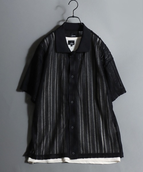 ANPAS(アンパス)の「Lace Shirt + Tank Top Layered Set / 【セットアイテム】半袖レースシャツ×ワッフルタンクトップ レイヤードアンサンブル メンズ トップス ニットシャツ メッシュトップス(アンサンブル・メンズ・アイボリー/グレイッシュベージュ/ブラック・M/L)」の9枚目の写真