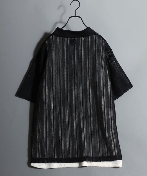 ANPAS(アンパス)の「Lace Shirt + Tank Top Layered Set / 【セットアイテム】半袖レースシャツ×ワッフルタンクトップ レイヤードアンサンブル メンズ トップス ニットシャツ メッシュトップス(アンサンブル・メンズ・アイボリー/グレイッシュベージュ/ブラック・M/L)」の10枚目の写真