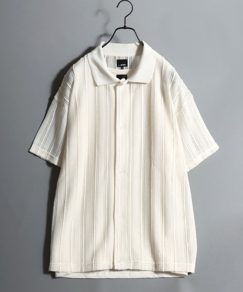 ANPAS(アンパス)の「Lace Shirt + Tank Top Layered Set / 【セットアイテム】半袖レースシャツ×ワッフルタンクトップ レイヤードアンサンブル メンズ トップス ニットシャツ メッシュトップス(アンサンブル・メンズ・アイボリー/グレイッシュベージュ/ブラック・M/L)」の4枚目の写真