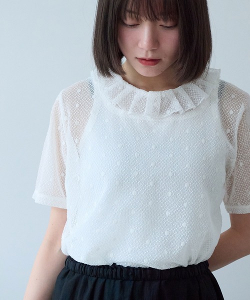 bulle de savon(ビュルデサボン)の「ナイロン/コットン ラッセルドット タック衿半袖プルオーバー(Tシャツ/カットソー・レディース・ブラック/ホワイト/キナリ・FREE)」の1枚目の写真