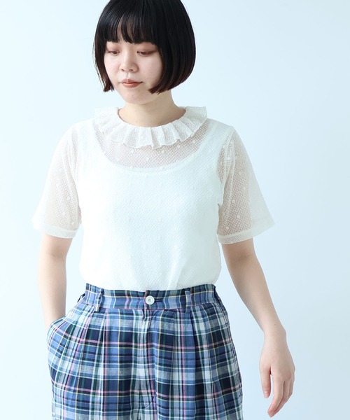 bulle de savon(ビュルデサボン)の「ナイロン/コットン ラッセルドット タック衿半袖プルオーバー(Tシャツ/カットソー・レディース・ブラック/ホワイト/キナリ・FREE)」の2枚目の写真