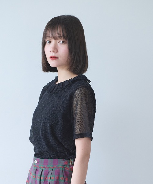bulle de savon(ビュルデサボン)の「ナイロン/コットン ラッセルドット タック衿半袖プルオーバー(Tシャツ/カットソー・レディース・ブラック/ホワイト/キナリ・FREE)」の16枚目の写真