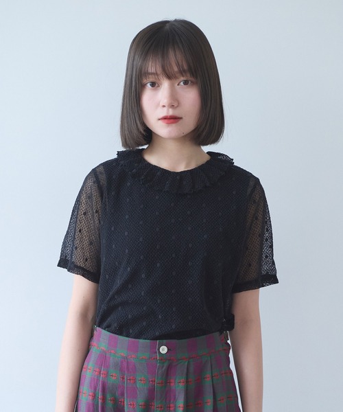 bulle de savon(ビュルデサボン)の「ナイロン/コットン ラッセルドット タック衿半袖プルオーバー(Tシャツ/カットソー・レディース・ブラック/ホワイト/キナリ・FREE)」の15枚目の写真