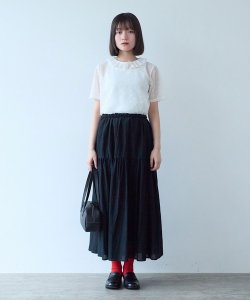 bulle de savon(ビュルデサボン)の「ナイロン/コットン ラッセルドット タック衿半袖プルオーバー(Tシャツ/カットソー・レディース・ブラック/ホワイト/キナリ・FREE)」の11枚目の写真