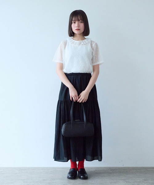bulle de savon(ビュルデサボン)の「ナイロン/コットン ラッセルドット タック衿半袖プルオーバー(Tシャツ/カットソー・レディース・ブラック/ホワイト/キナリ・FREE)」の12枚目の写真
