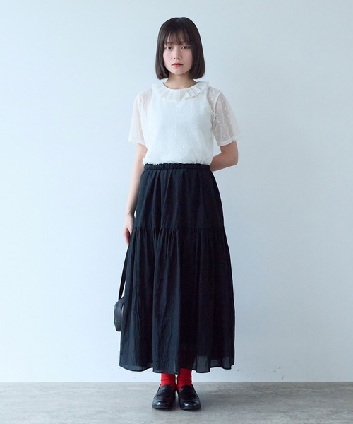 bulle de savon(ビュルデサボン)の「ナイロン/コットン ラッセルドット タック衿半袖プルオーバー(Tシャツ/カットソー・レディース・ブラック/ホワイト/キナリ・FREE)」の13枚目の写真