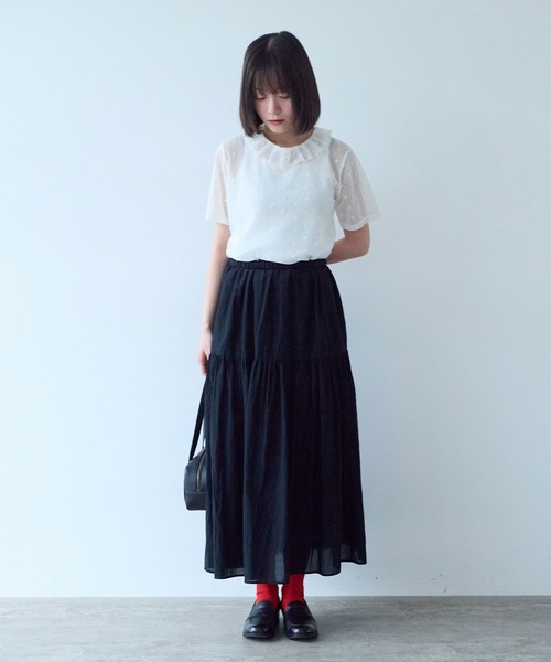 bulle de savon(ビュルデサボン)の「ナイロン/コットン ラッセルドット タック衿半袖プルオーバー(Tシャツ/カットソー・レディース・ブラック/ホワイト/キナリ・FREE)」の14枚目の写真