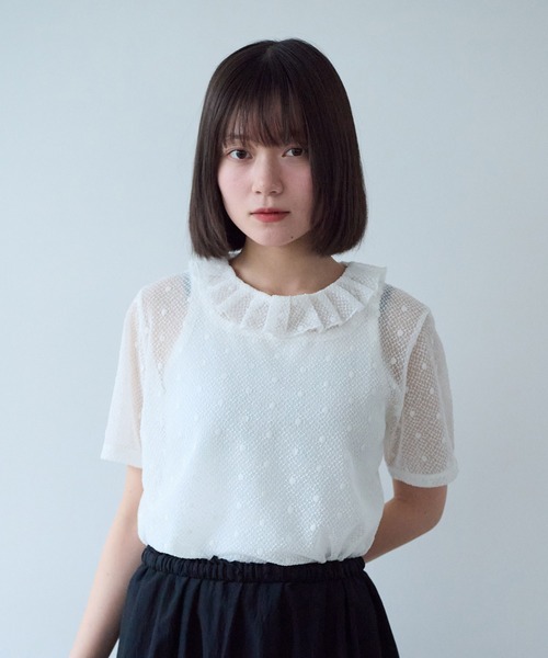 bulle de savon(ビュルデサボン)の「ナイロン/コットン ラッセルドット タック衿半袖プルオーバー(Tシャツ/カットソー・レディース・ブラック/ホワイト/キナリ・FREE)」の6枚目の写真