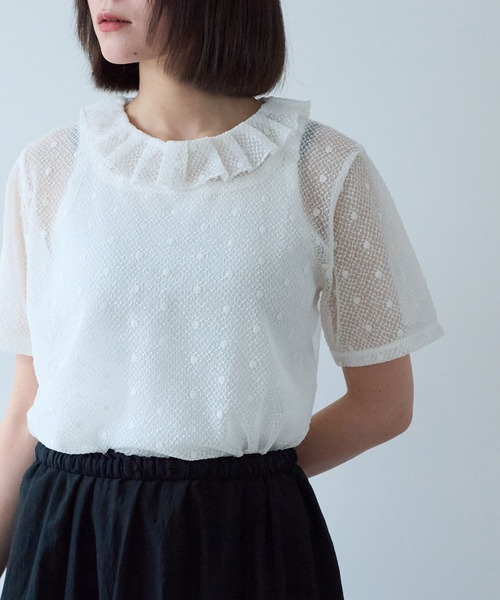 bulle de savon(ビュルデサボン)の「ナイロン/コットン ラッセルドット タック衿半袖プルオーバー(Tシャツ/カットソー・レディース・ブラック/ホワイト/キナリ・FREE)」の5枚目の写真