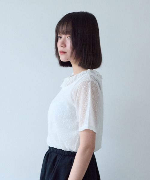 bulle de savon(ビュルデサボン)の「ナイロン/コットン ラッセルドット タック衿半袖プルオーバー(Tシャツ/カットソー・レディース・ブラック/ホワイト/キナリ・FREE)」の7枚目の写真
