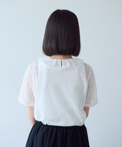 bulle de savon(ビュルデサボン)の「ナイロン/コットン ラッセルドット タック衿半袖プルオーバー(Tシャツ/カットソー・レディース・ブラック/ホワイト/キナリ・FREE)」の10枚目の写真