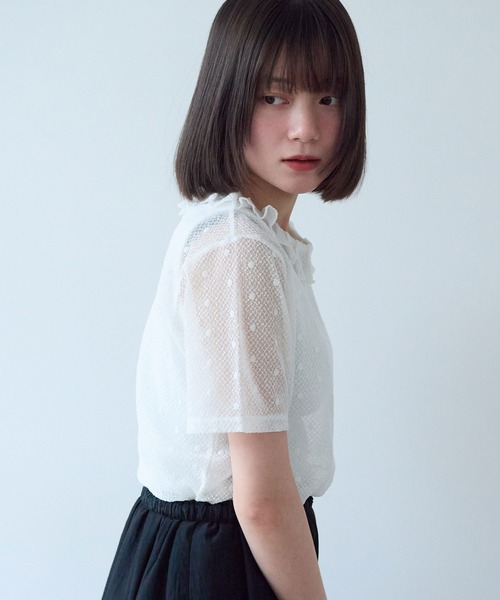 bulle de savon(ビュルデサボン)の「ナイロン/コットン ラッセルドット タック衿半袖プルオーバー(Tシャツ/カットソー・レディース・ブラック/ホワイト/キナリ・FREE)」の8枚目の写真