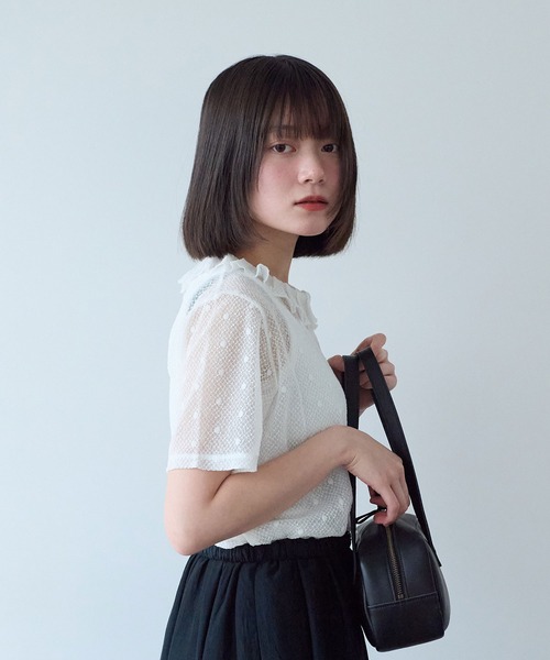 bulle de savon(ビュルデサボン)の「ナイロン/コットン ラッセルドット タック衿半袖プルオーバー(Tシャツ/カットソー・レディース・ブラック/ホワイト/キナリ・FREE)」の9枚目の写真