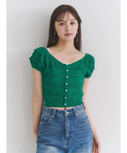 MERCURYDUO（マーキュリーデュオ）の「スカシアミカーデニット（カーディガン/ボレロ・レディース・ブラック/オフホワイト/グリーン・FREE）」の4枚目の写真