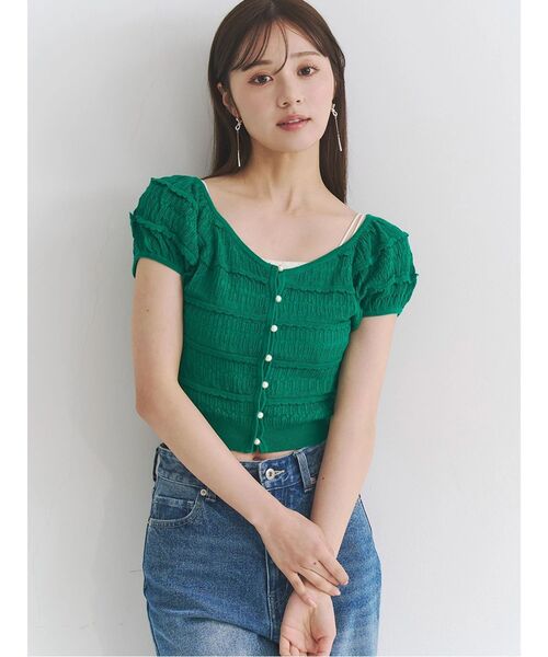 MERCURYDUO（マーキュリーデュオ）の「スカシアミカーデニット（カーディガン/ボレロ・レディース・ブラック/オフホワイト/グリーン・FREE）」の5枚目の写真