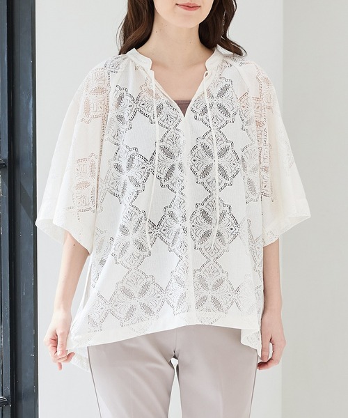 Honeys(ハニーズ)の「レーススキッパートップス(Tシャツ/カットソー・レディース・アイボリー/ブラック/ブラウン・L/LL/M/S)」の1枚目の写真