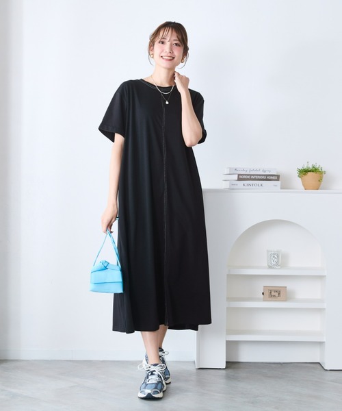 SMILE LAND(スマイルランド)の「<大きいサイズ>【汗染みしにくい】配色ステッチワンピース(ワンピース・レディース・チャコールグレー/ブラック/オリーブ・5L/4L/L/3L/LL)」の20枚目の写真
