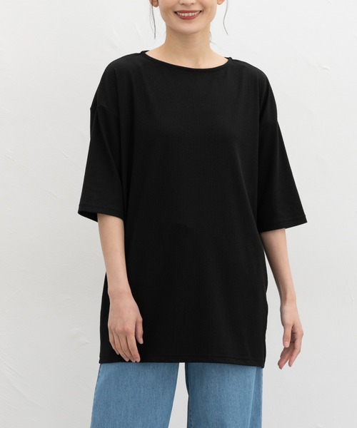CINEMA CLUB(シネマクラブ)の「6分袖コクーンチュニック(Tシャツ/カットソー・レディース・ネイビー系1/ブラック×ベージュ/ブラック/ミント・L/LL/M)」の2枚目の写真