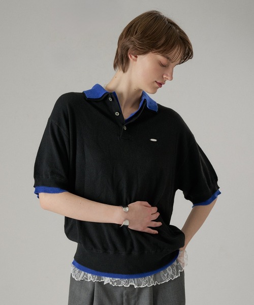 ONCILY（オンシェリー）の「LAYERED  DOUBLE COLLAR KNIT POLO / レイヤードダブル襟ニットポロ（ポロシャツ・メンズ・グレー/ブラック/ブラウン/チャコールグレー・SMALL/LARGE/MEDIUM）」の2枚目の写真
