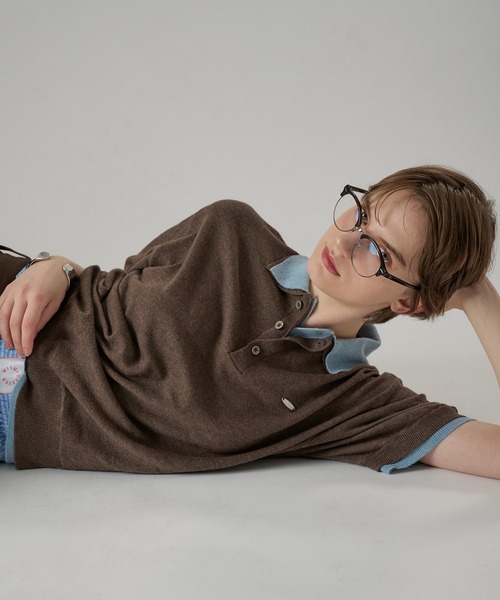 ONCILY（オンシェリー）の「LAYERED  DOUBLE COLLAR KNIT POLO / レイヤードダブル襟ニットポロ（ポロシャツ・メンズ・グレー/ブラック/ブラウン/チャコールグレー・SMALL/LARGE/MEDIUM）」の7枚目の写真