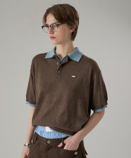 ONCILY（オンシェリー）の「LAYERED  DOUBLE COLLAR KNIT POLO / レイヤードダブル襟ニットポロ（ポロシャツ・メンズ・グレー/ブラック/ブラウン/チャコールグレー・SMALL/LARGE/MEDIUM）」の5枚目の写真