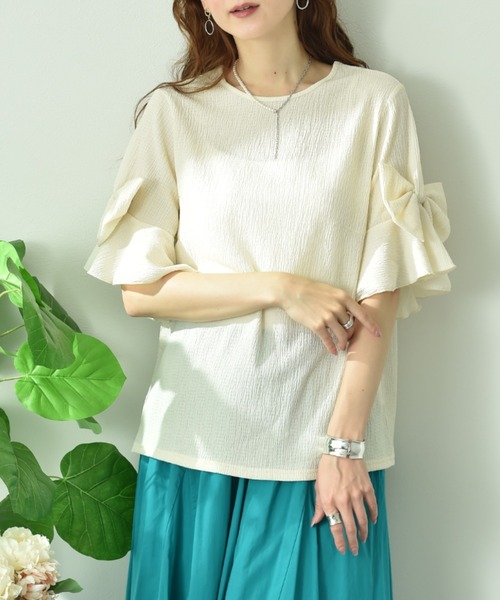 INTERPLANET(インタープラネット)の「カット楊柳袖リボンデザインプルオーバー(Tシャツ/カットソー・レディース・アイボリー/ブラック・FREE)」の10枚目の写真