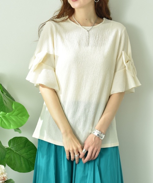 INTERPLANET(インタープラネット)の「カット楊柳袖リボンデザインプルオーバー(Tシャツ/カットソー・レディース・アイボリー/ブラック・FREE)」の11枚目の写真