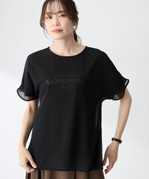 A/C DESIGN BY ALPHA CUBIC（エーシーデザインバイアルファキュービック）の「シアーレイヤードロゴTシャツ【すごツヤ】（Tシャツ/カットソー・レディース・ブラック/チャコールグレー・M/L/LL/3L）」の7枚目の写真