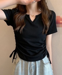 Teem Store（チームストア）の「サイドギャザー リボンVネックタイトT シャーリング半袖タイトＴ（Tシャツ/カットソー）」